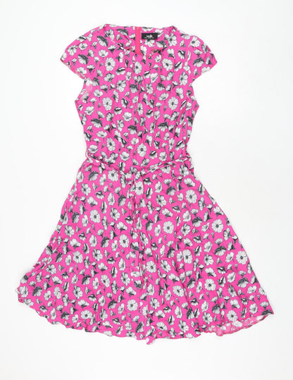 Wallis Womens Pink Viscose Fit & Flare Size 12 Round Neck Zip - Belted