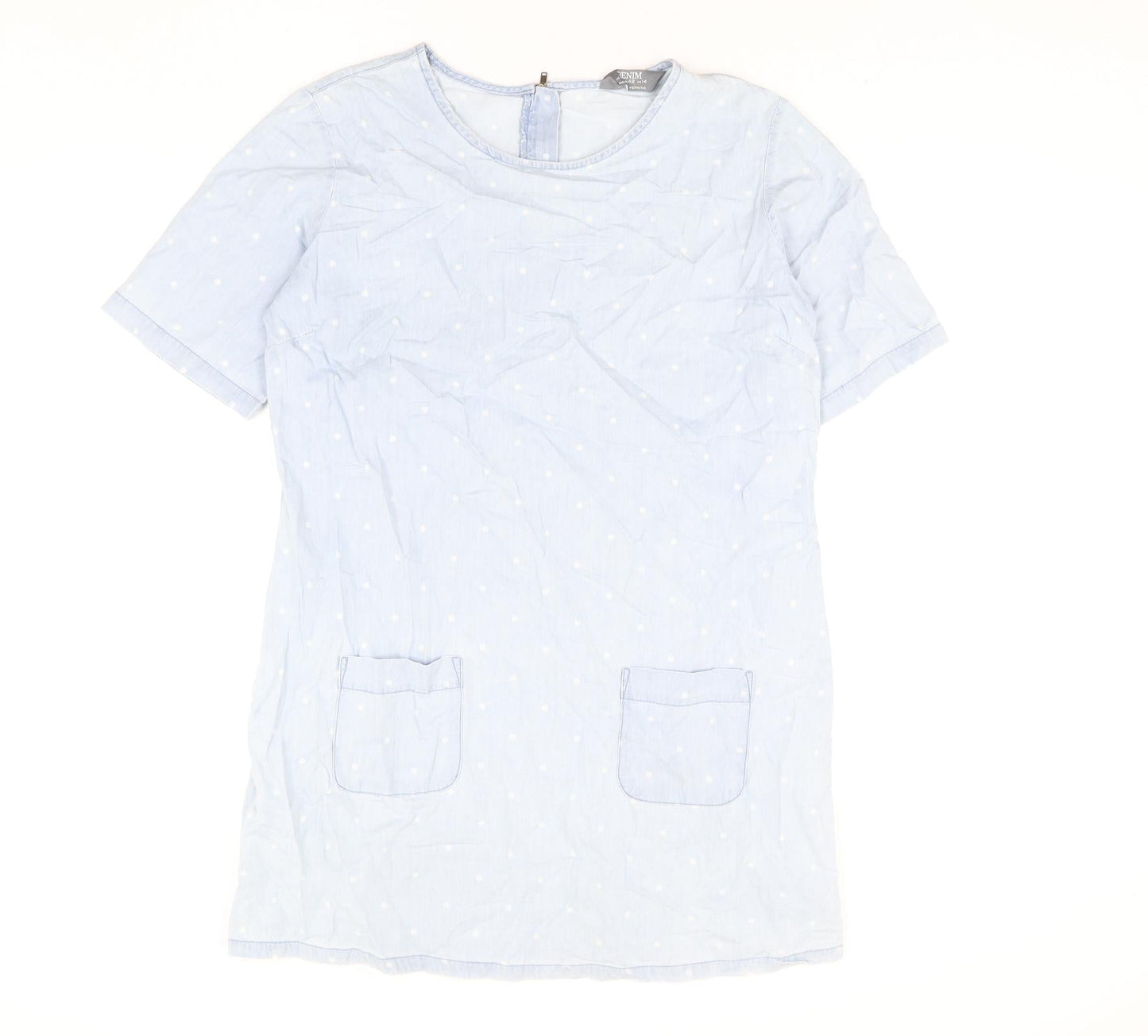 Dorothy Perkins Womens Blue Polka Dot Cotton Shift Size 14 Round Neck Zip