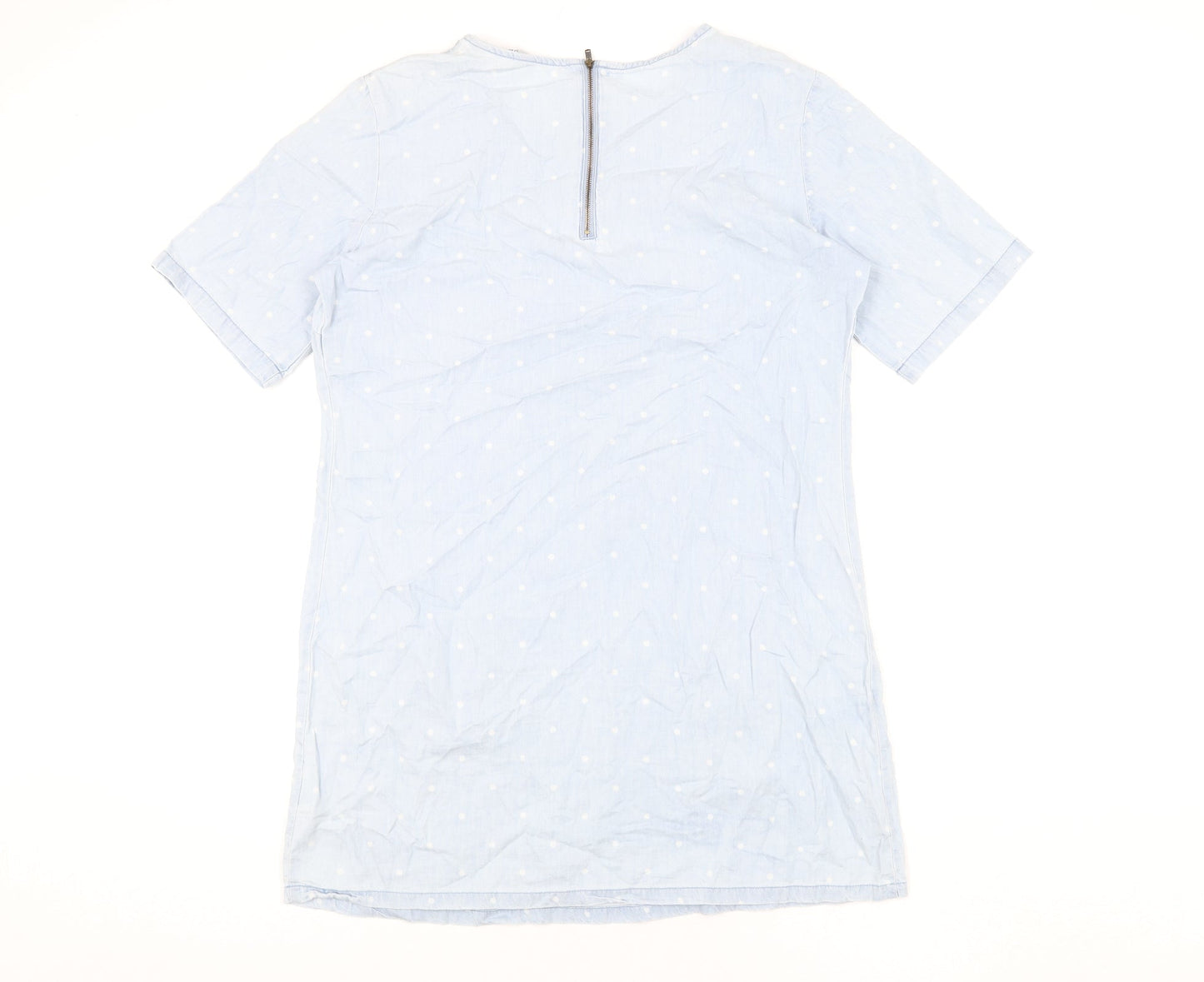 Dorothy Perkins Womens Blue Polka Dot Cotton Shift Size 14 Round Neck Zip
