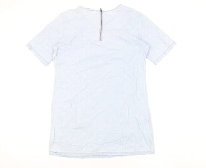 Dorothy Perkins Womens Blue Polka Dot Cotton Shift Size 14 Round Neck Zip
