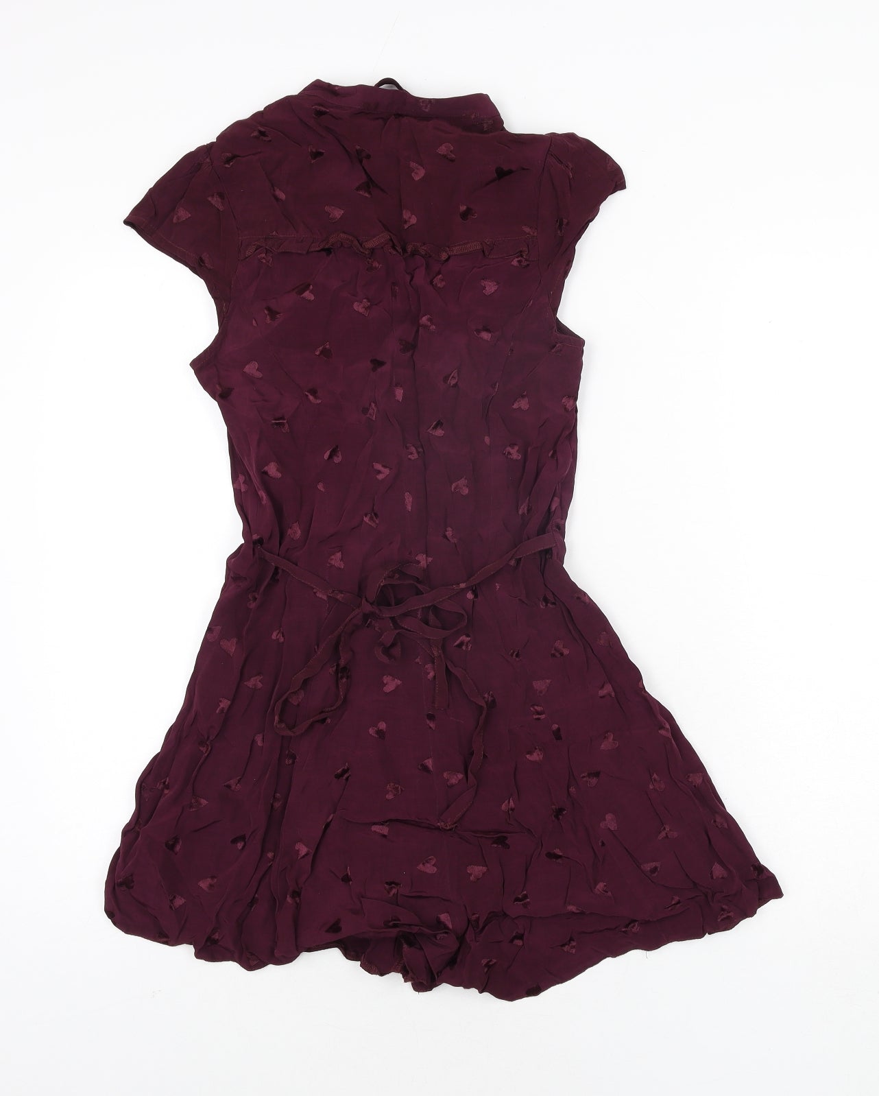 River Island Womens Purple Geometric Viscose Playsuit One-Piece Size 8 Button - Heart Pattern Keyhole Neck Bow Belted