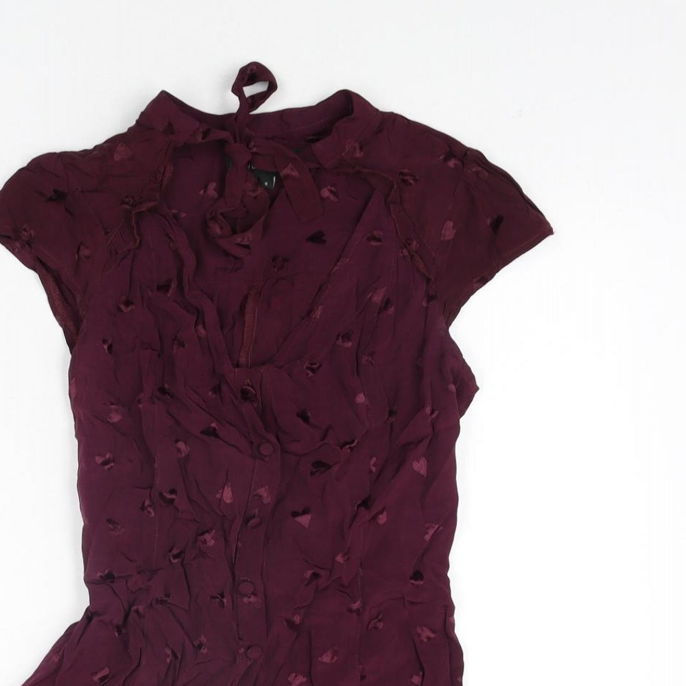 River Island Womens Purple Geometric Viscose Playsuit One-Piece Size 8 Button - Heart Pattern Keyhole Neck Bow Belted