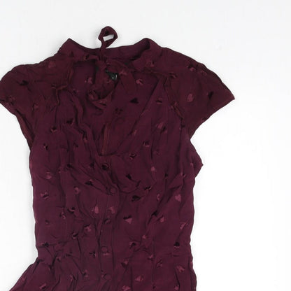 River Island Womens Purple Geometric Viscose Playsuit One-Piece Size 8 Button - Heart Pattern Keyhole Neck Bow Belted