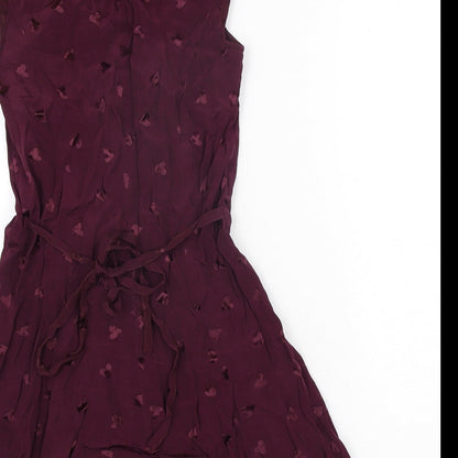 River Island Womens Purple Geometric Viscose Playsuit One-Piece Size 8 Button - Heart Pattern Keyhole Neck Bow Belted