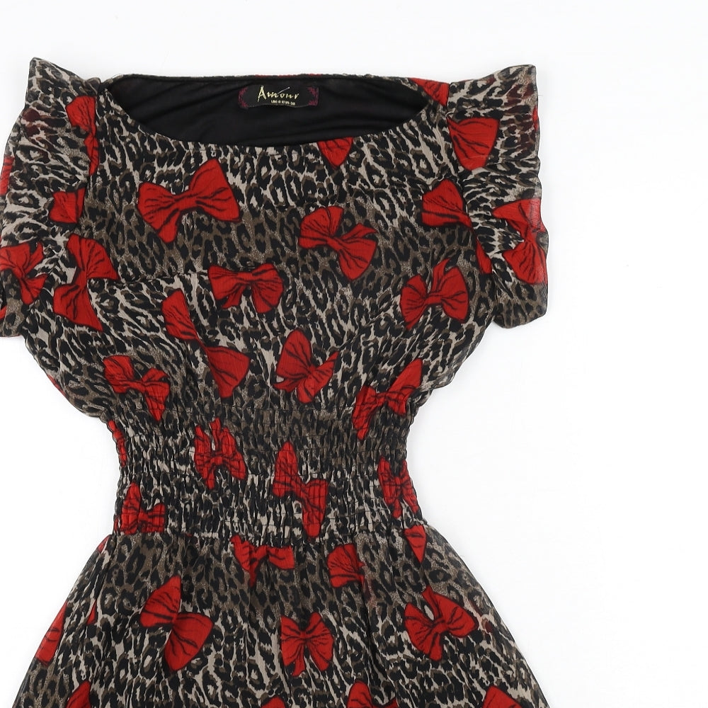 Armour Womens Brown Animal Print Polyester A-Line Size 8 Boat Neck Pullover - Leopard Print Bow