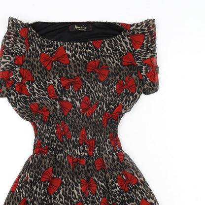 Armour Womens Brown Animal Print Polyester A-Line Size 8 Boat Neck Pullover - Leopard Print Bow