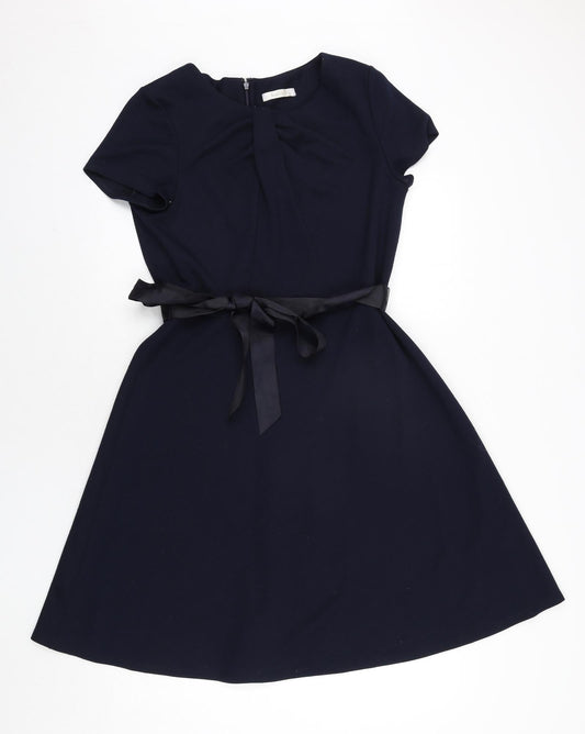 Kaliko Womens Blue Polyester A-Line Size 14 Round Neck Zip - Belted