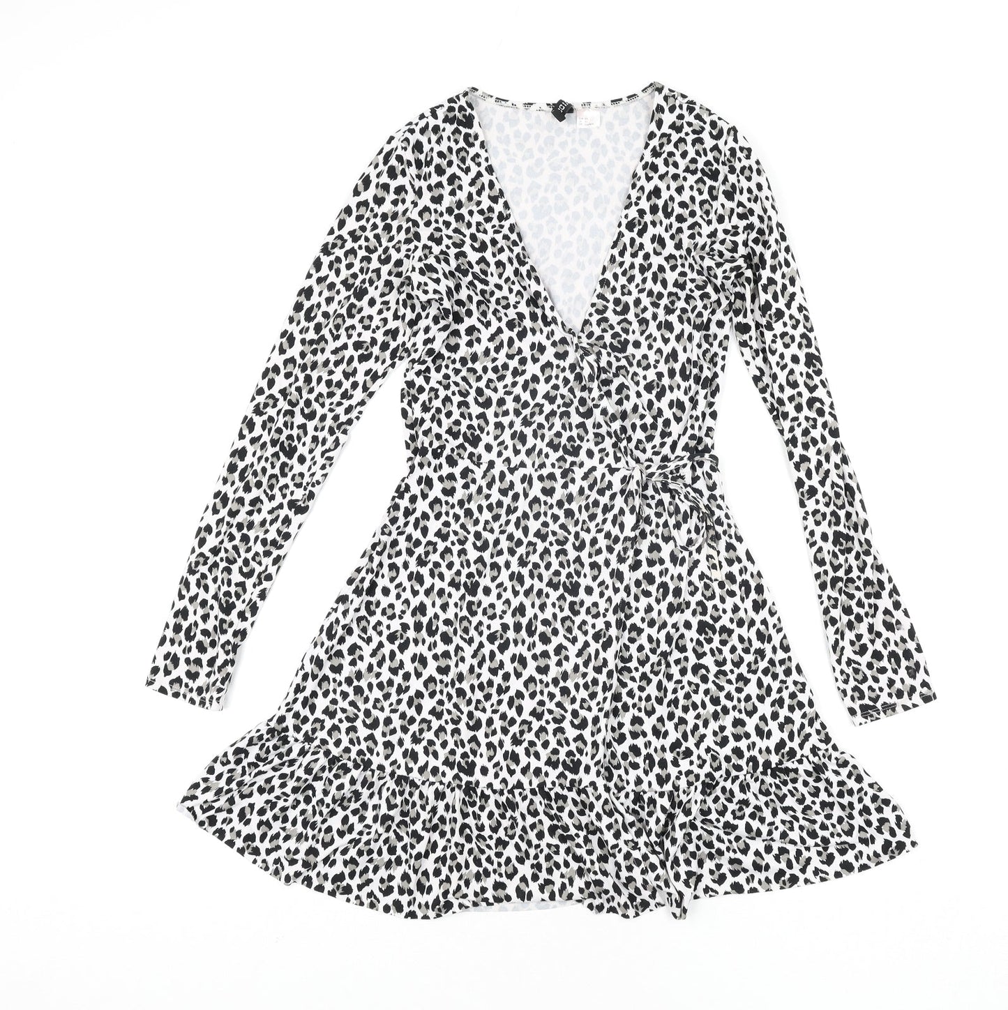 Divided by H&M Womens White Animal Print Polyester Wrap Dress Size XS V-Neck Tie - Leopard Print