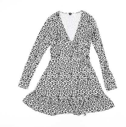 Divided by H&M Womens White Animal Print Polyester Wrap Dress Size XS V-Neck Tie - Leopard Print