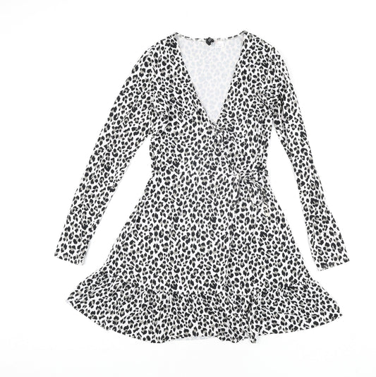 Divided by H&M Womens White Animal Print Polyester Wrap Dress Size XS V-Neck Tie - Leopard Print