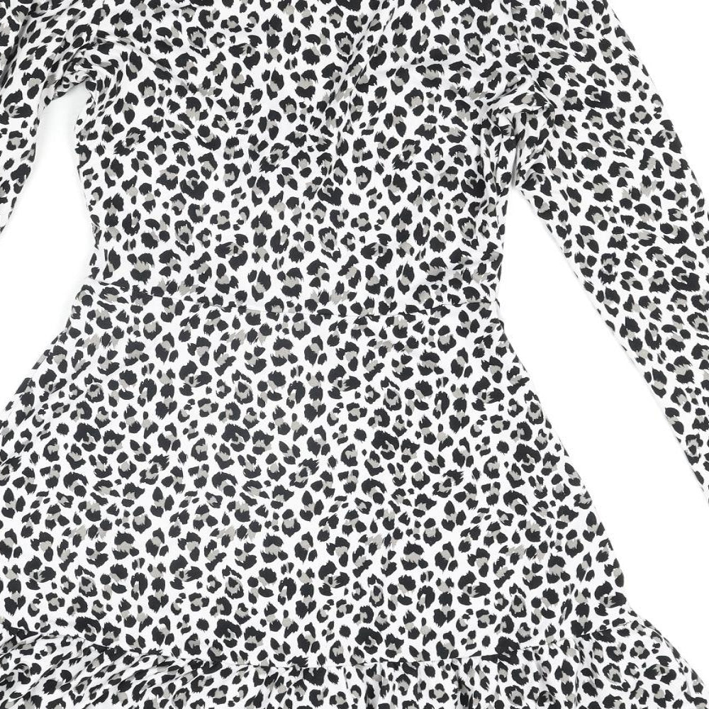 Divided by H&M Womens White Animal Print Polyester Wrap Dress Size XS V-Neck Tie - Leopard Print