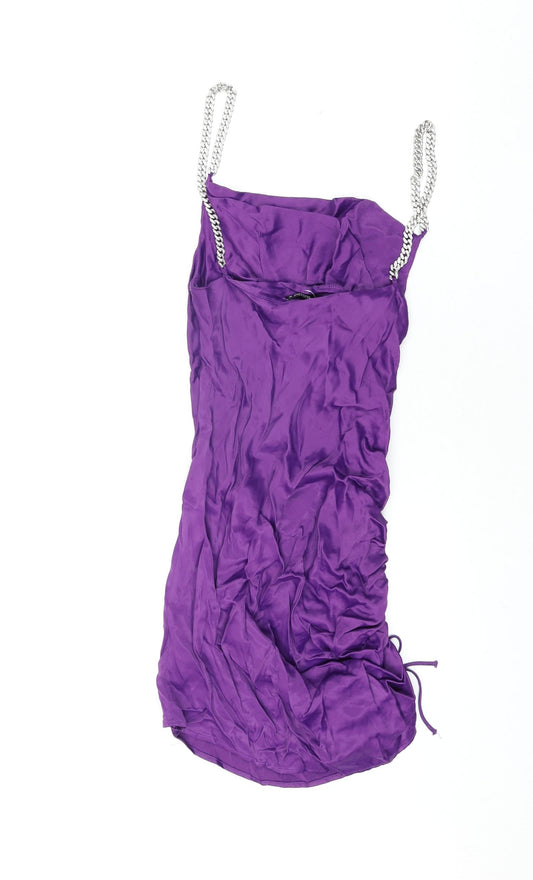 Zara Womens Purple Viscose Slip Dress Size S Cowl Neck Pullover - Drawstring Detail Chain Straps