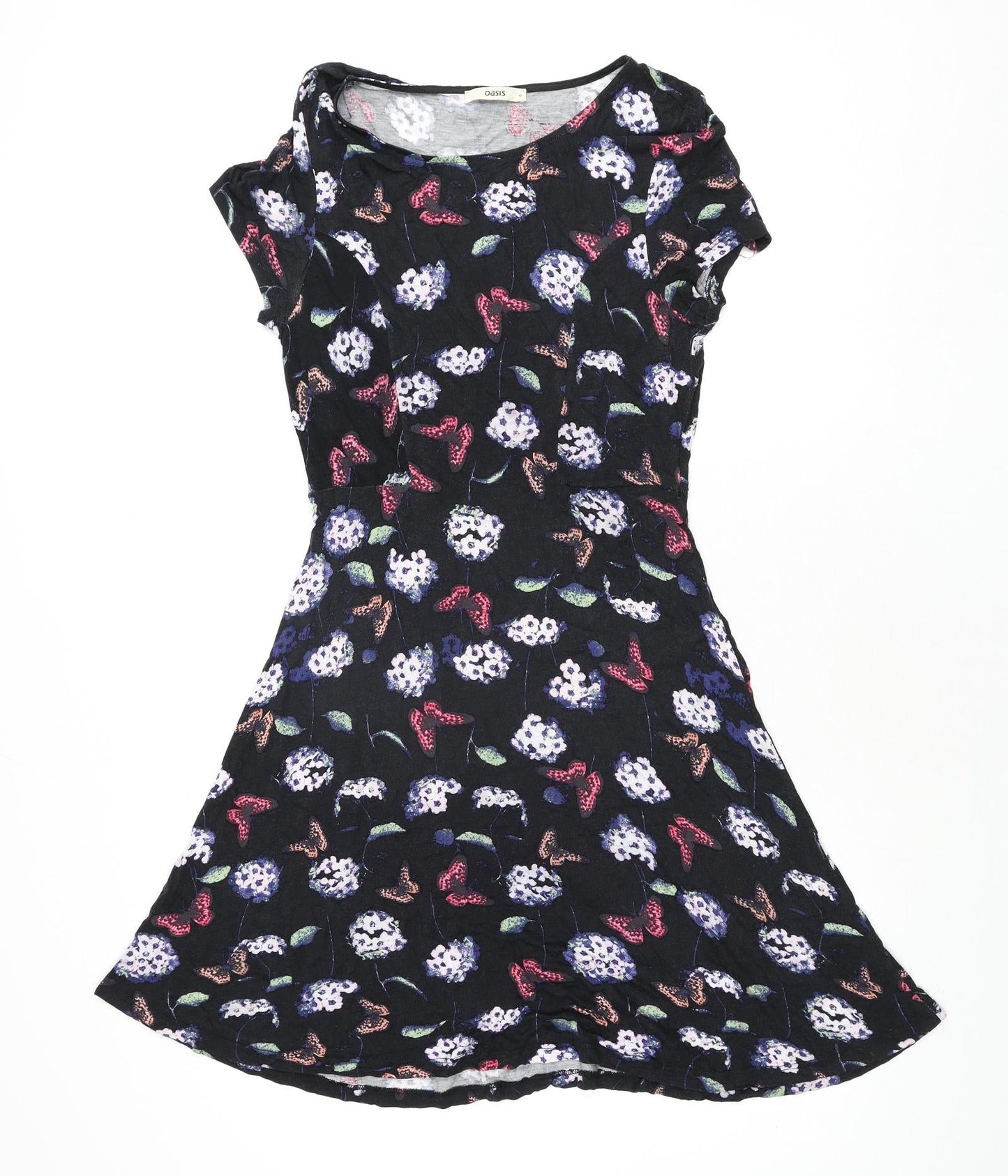 Oasis Womens Black Geometric Viscose A-Line Size M Round Neck Pullover - Flower Butterfly Print
