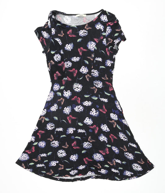 Oasis Womens Black Geometric Viscose A-Line Size M Round Neck Pullover - Flower Butterfly Print