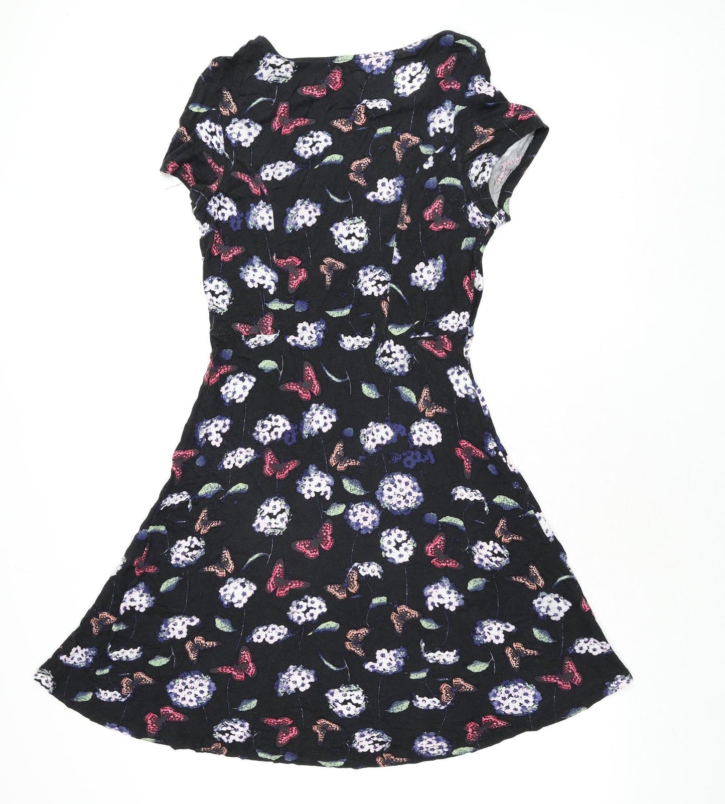 Oasis Womens Black Geometric Viscose A-Line Size M Round Neck Pullover - Flower Butterfly Print