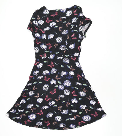 Oasis Womens Black Geometric Viscose A-Line Size M Round Neck Pullover - Flower Butterfly Print