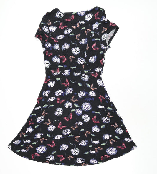 Oasis Womens Black Geometric Viscose A-Line Size M Round Neck Pullover - Flower Butterfly Print