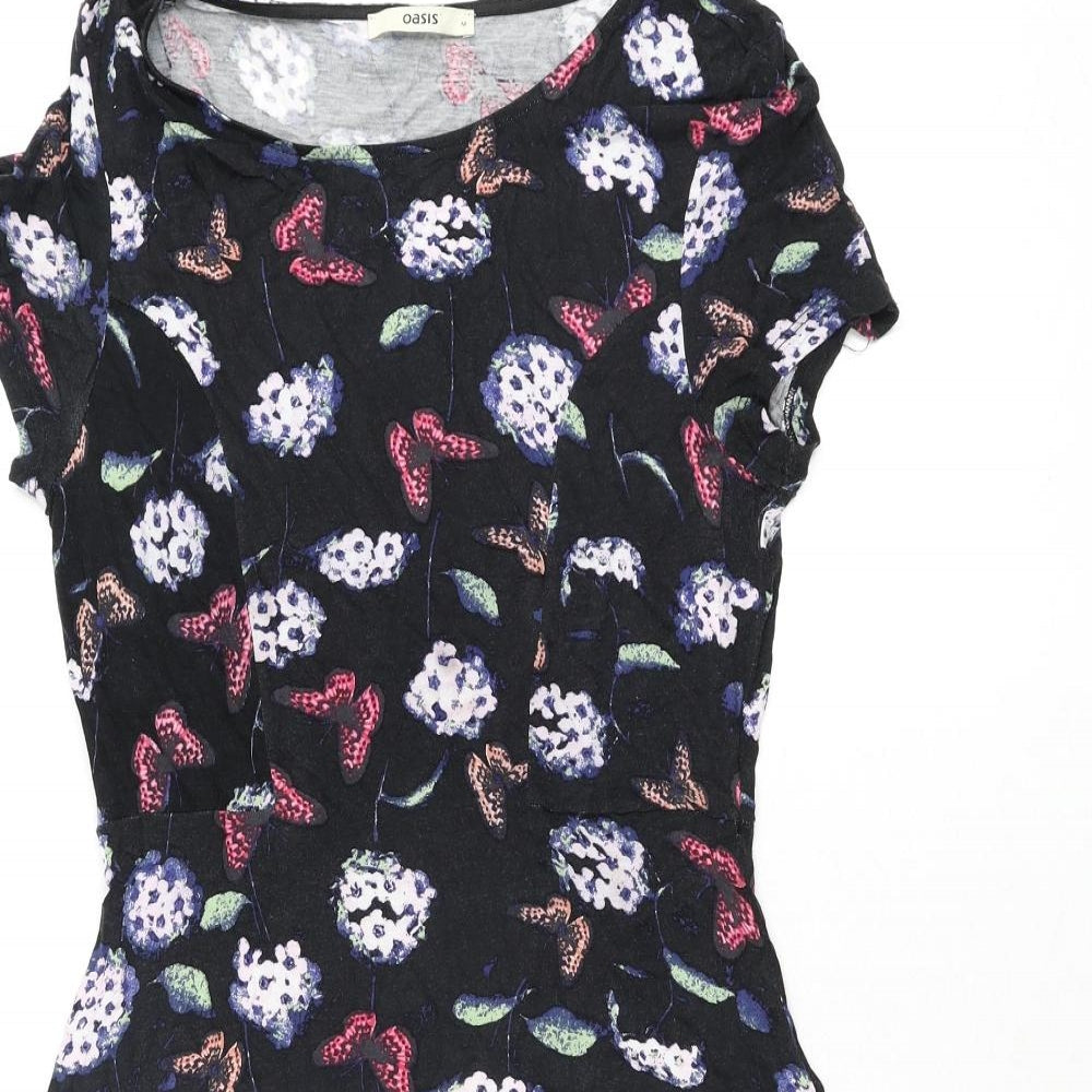 Oasis Womens Black Geometric Viscose A-Line Size M Round Neck Pullover - Flower Butterfly Print