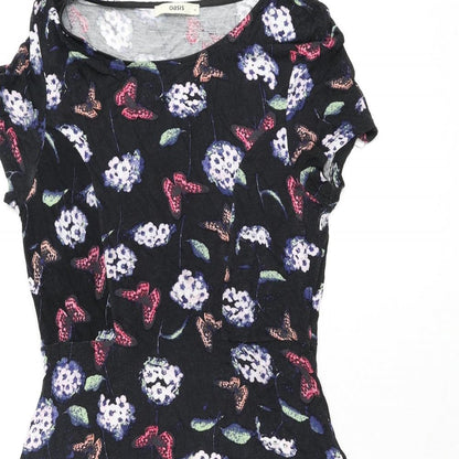 Oasis Womens Black Geometric Viscose A-Line Size M Round Neck Pullover - Flower Butterfly Print