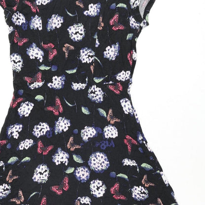 Oasis Womens Black Geometric Viscose A-Line Size M Round Neck Pullover - Flower Butterfly Print