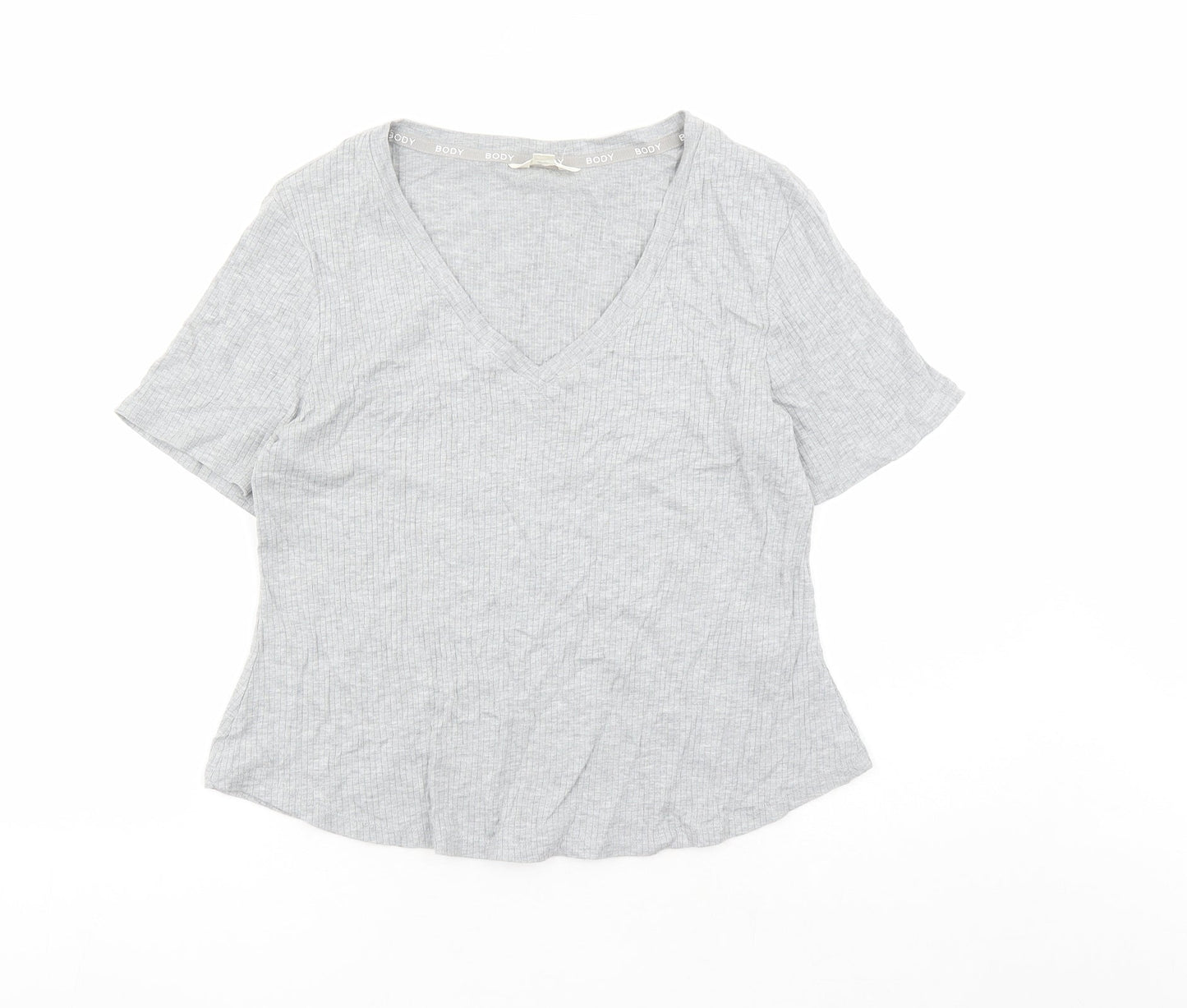 Marks and Spencer Womens Grey Cotton Basic T-Shirt Size L V-Neck Pullover