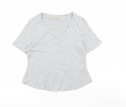 Marks and Spencer Womens Grey Cotton Basic T-Shirt Size L V-Neck Pullover