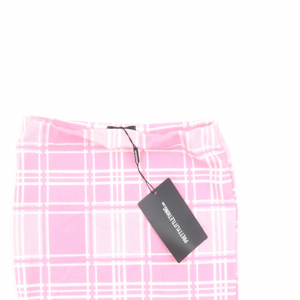 PRETTYLITTLETHING Womens Pink Plaid Polyester Bandage Skirt Size 6 - Elasticated Waist