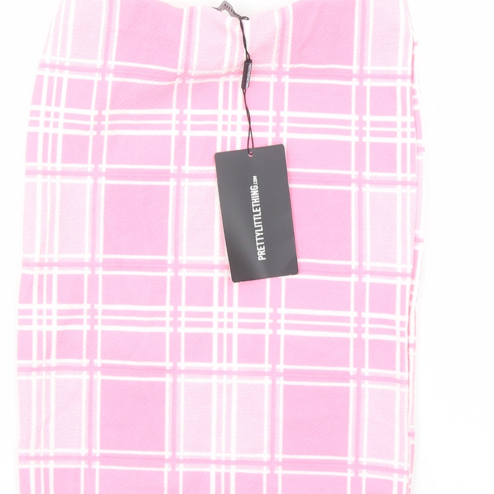 PRETTYLITTLETHING Womens Pink Plaid Polyester Bandage Skirt Size 6 - Elasticated Waist