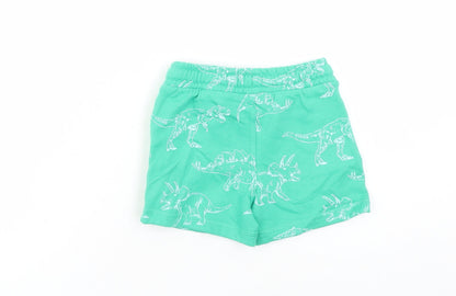 Marks and Spencer Boys Green Geometric Cotton Sweat Shorts Size 2-3 Years Regular Drawstring - Elasticated Waist Waist Size 20 Inches Inside Leg 3 Inches Dinosaur