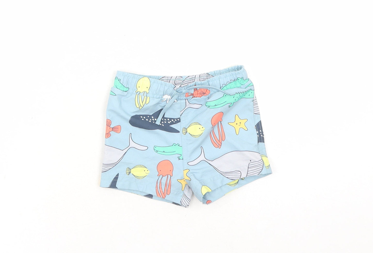 Marks and Spencer Boys Blue Geometric Polyester Sweatpants Trousers Size 6-9 Months Drawstring - Elasticated Waist Swim Shorts