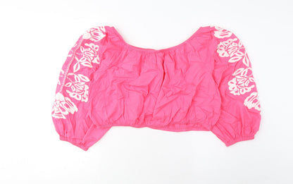 Marks and Spencer Womens Pink Cotton Cropped Blouse Size 20 Scoop Neck - Embroidered