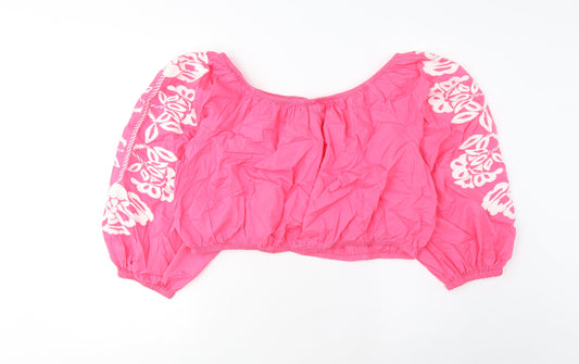 Marks and Spencer Womens Pink Cotton Cropped Blouse Size 20 Scoop Neck - Embroidered