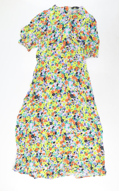 marks and Womens Multicoloured Floral Viscose A-Line Size 10 Crew Neck Zip