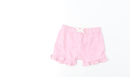 Marks and Spencer Girls Pink Cotton Cropped Trousers Size 0-3 Months Drawstring - Lettuce Edging