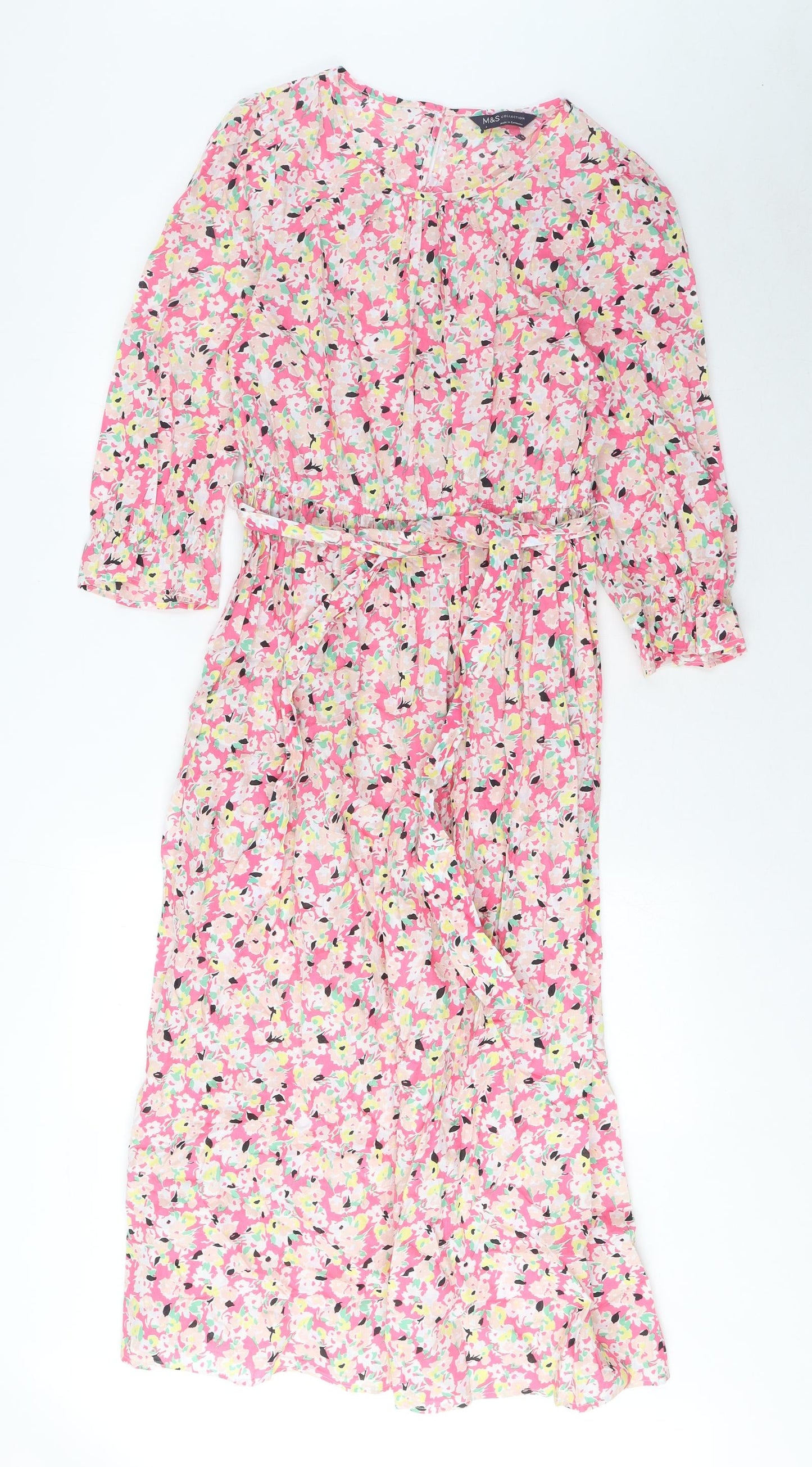 Marks and Spencer Womens Pink Floral Cotton A-Line Size 8 Crew Neck Button - Pleated, Belted