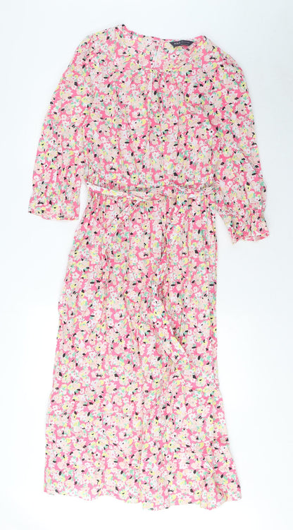 Marks and Spencer Womens Pink Floral Cotton A-Line Size 8 Crew Neck Button - Pleated, Belted