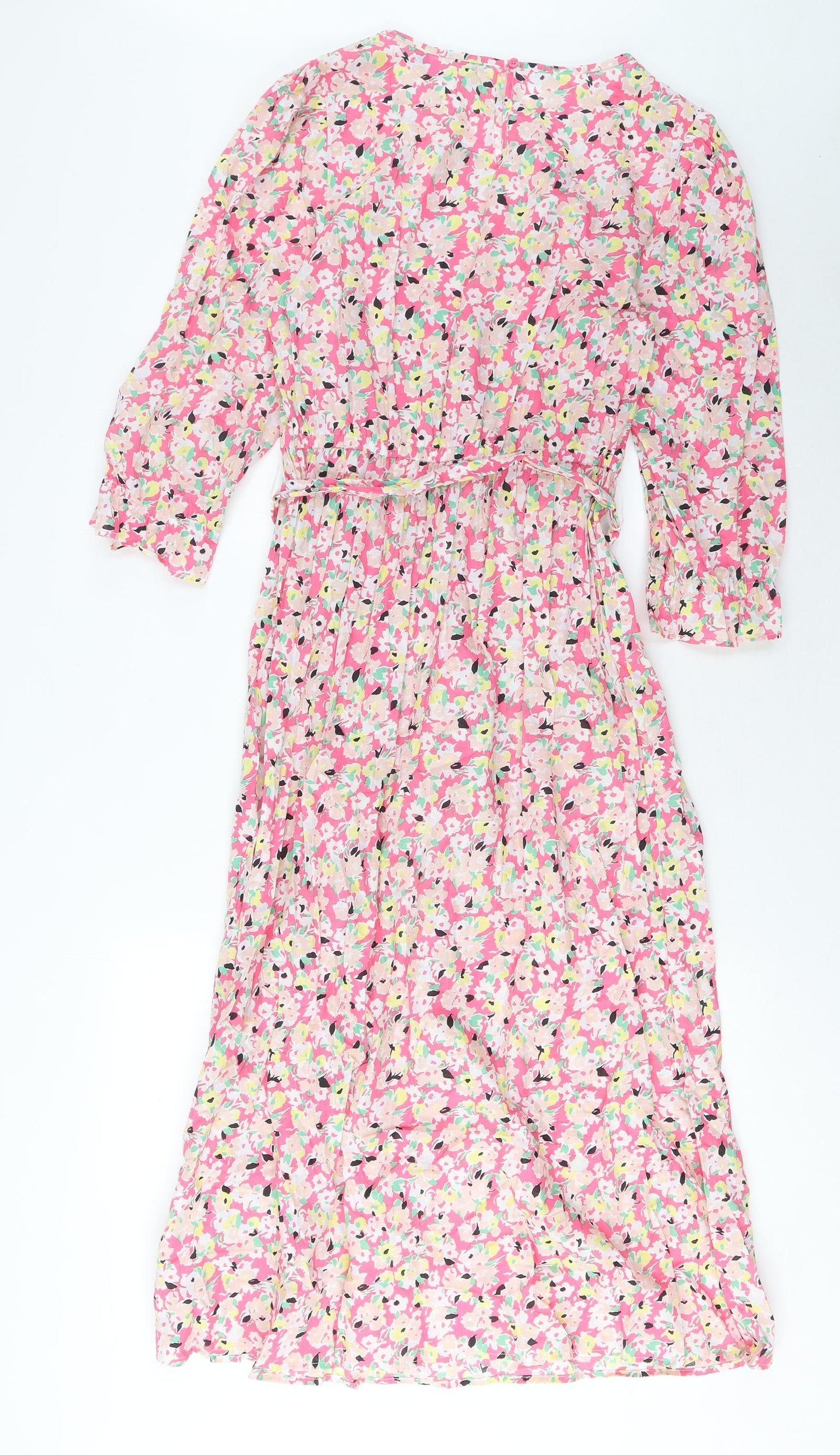 Marks and Spencer Womens Pink Floral Cotton A-Line Size 8 Crew Neck Button - Pleated, Belted