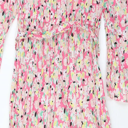 Marks and Spencer Womens Pink Floral Cotton A-Line Size 8 Crew Neck Button - Pleated, Belted