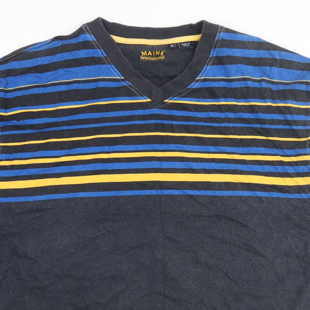 Maine Mens Grey Striped Cotton T-Shirt Size M V-Neck