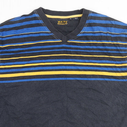Maine Mens Grey Striped Cotton T-Shirt Size M V-Neck