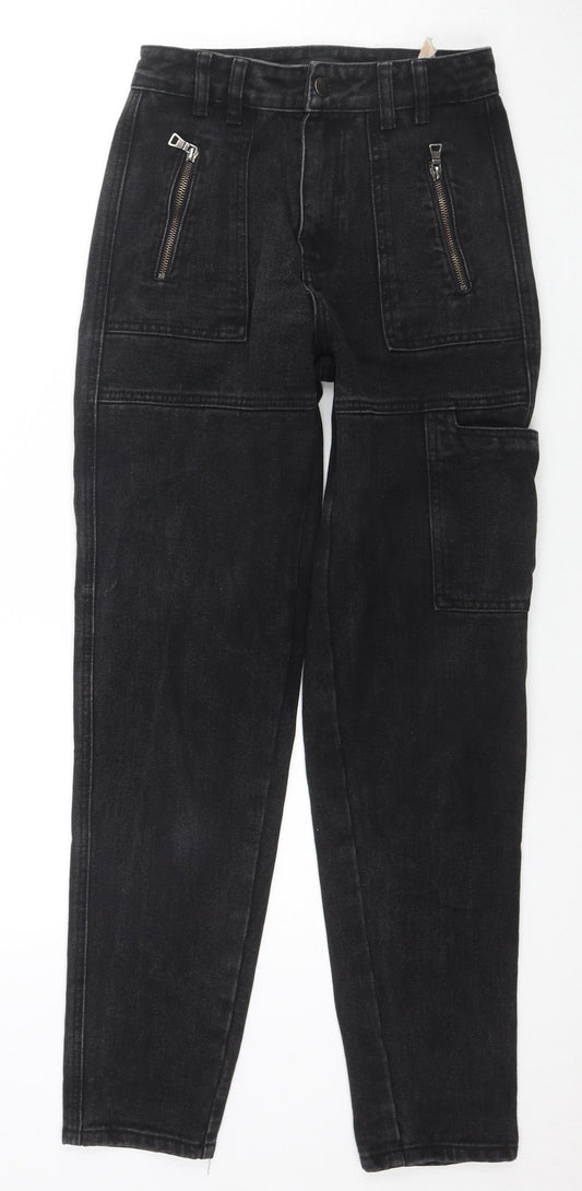 PRETTYLITTLETHING Womens Black Cotton Straight Jeans Size 4 L27 in Regular Zip - Cargo Style