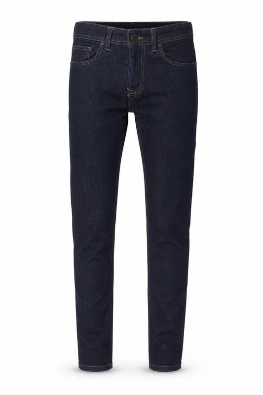 Front view of Easy men’s blue cotton skinny jeans, size 28, in, 32-inch leg regular zip