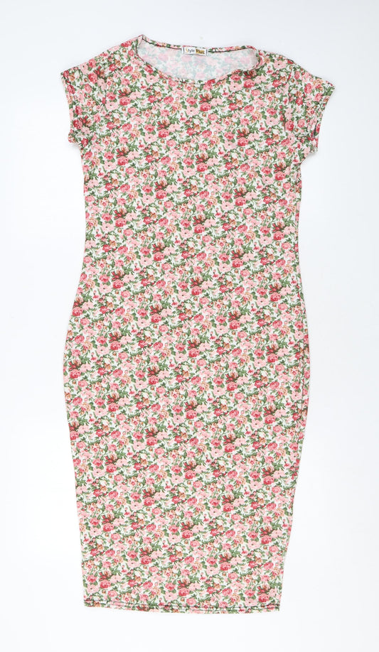 Style Plus Womens Pink Floral Polyester Bodycon Size M Round Neck Pullover