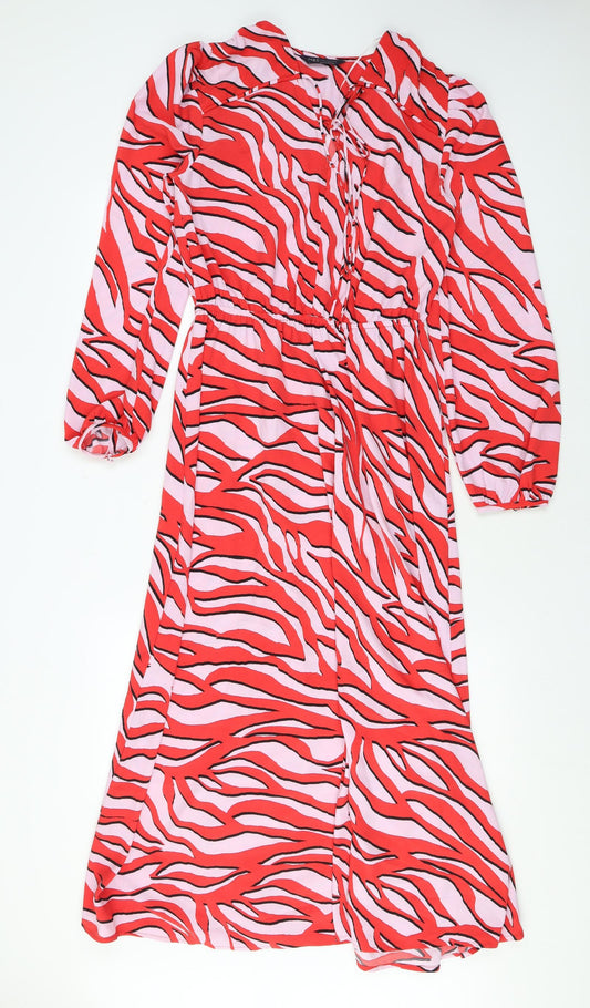 Marks and Spencer Womens Pink Animal Print Polyester Maxi Size 8 V-Neck Tie