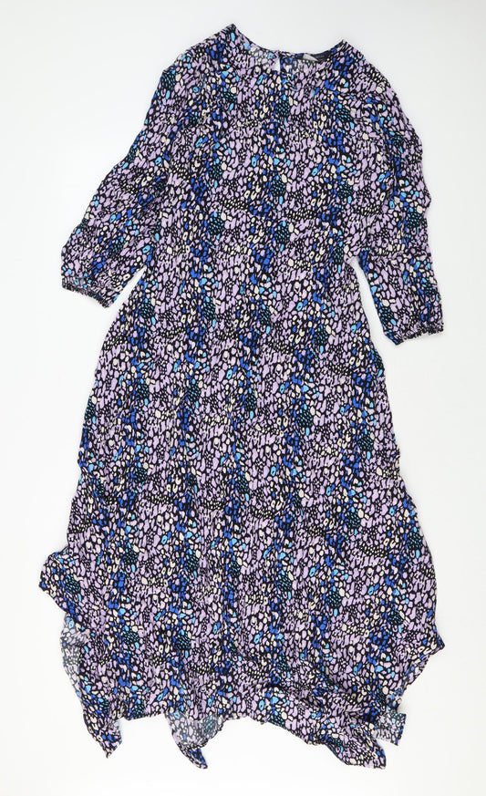 Marks and Spencer Womens Purple Geometric Viscose Maxi Size 10 Round Neck Zip