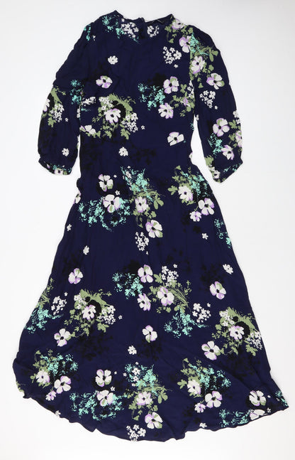 Marks and Spencer Womens Blue Floral Viscose Maxi Size 8 Round Neck Zip