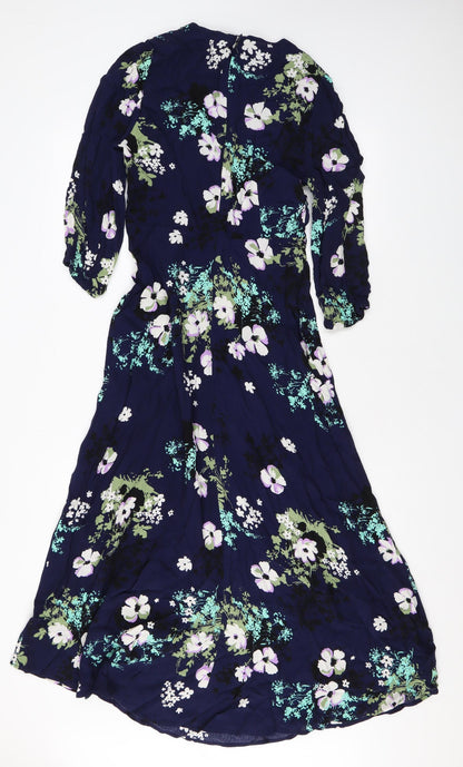 Marks and Spencer Womens Blue Floral Viscose Maxi Size 8 Round Neck Zip