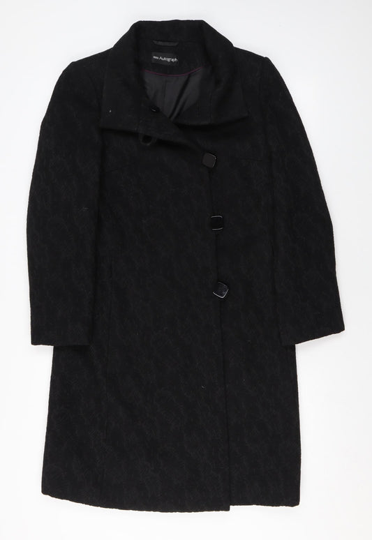 Marks and Spencer Womens Black Geometric Overcoat Coat Size 8 Button