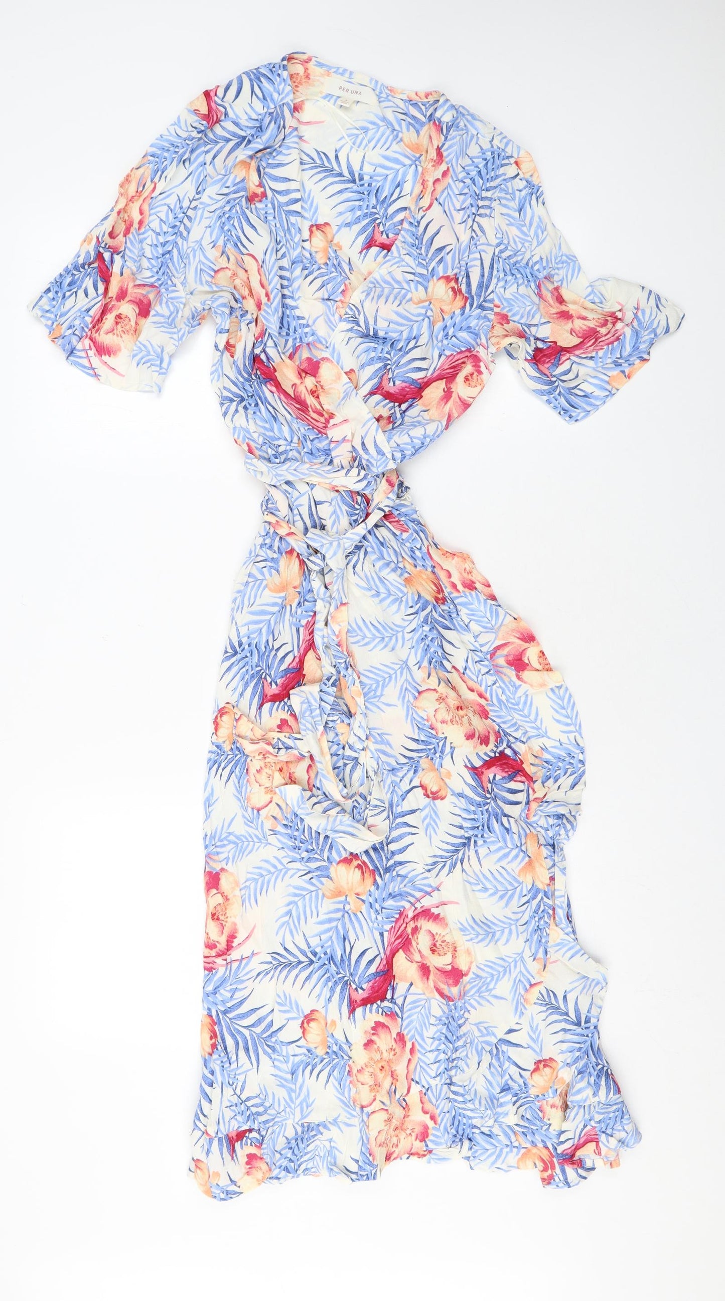 Per Una Womens Blue Geometric Viscose Wrap Dress Size 8 V-Neck Tie