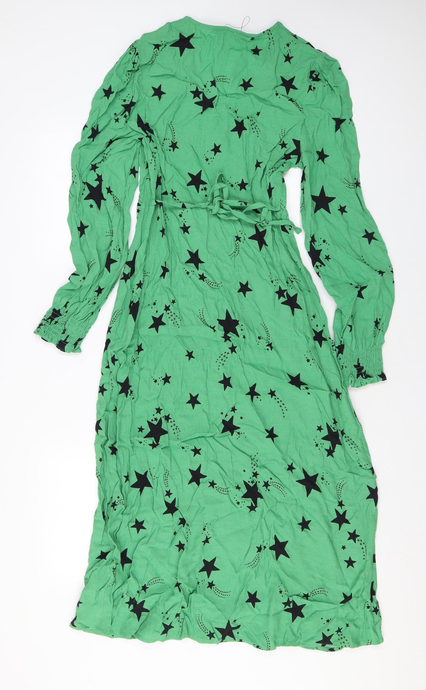 Marks and Spencer Womens Green Geometric Viscose A-Line Size 8 V-Neck Zip - Star print
